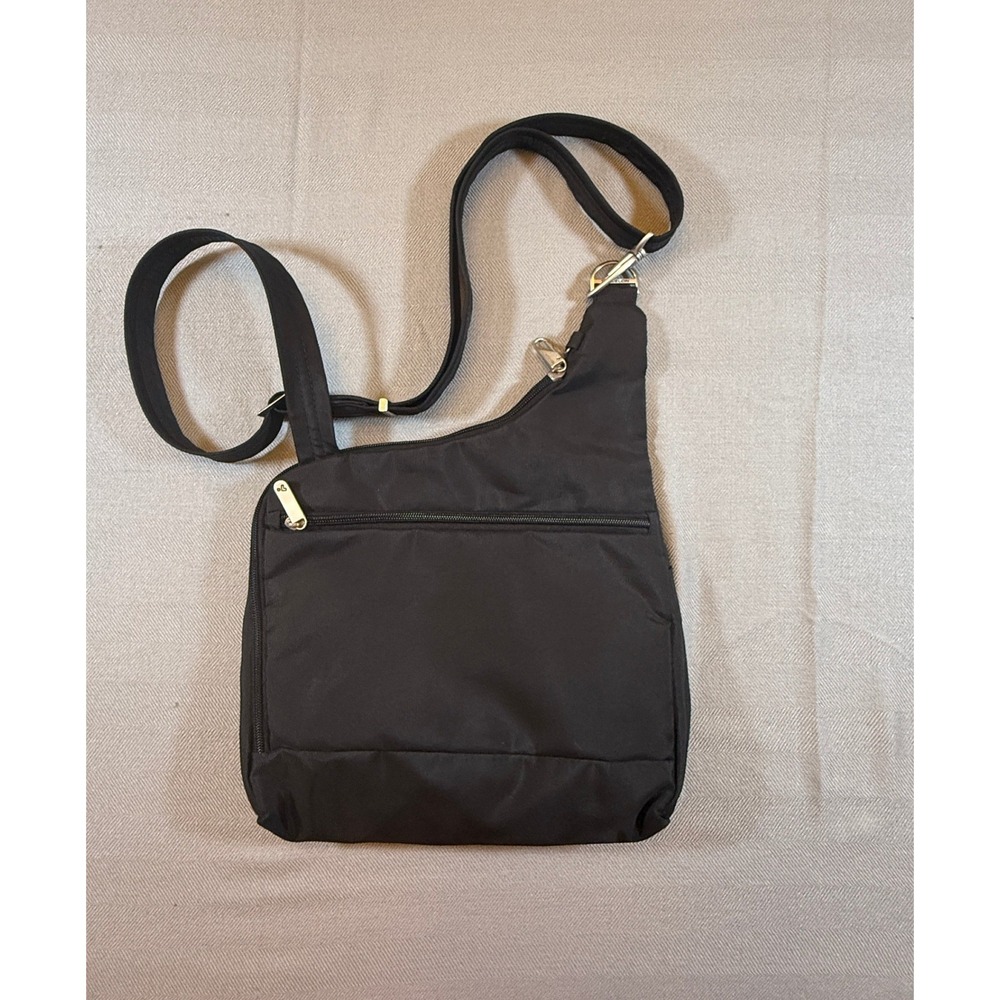 Travelon Anti-Theft Crossbody Bag Black Nylon Teal Lining Adjustable Strap Slim - Picture 2 of 8